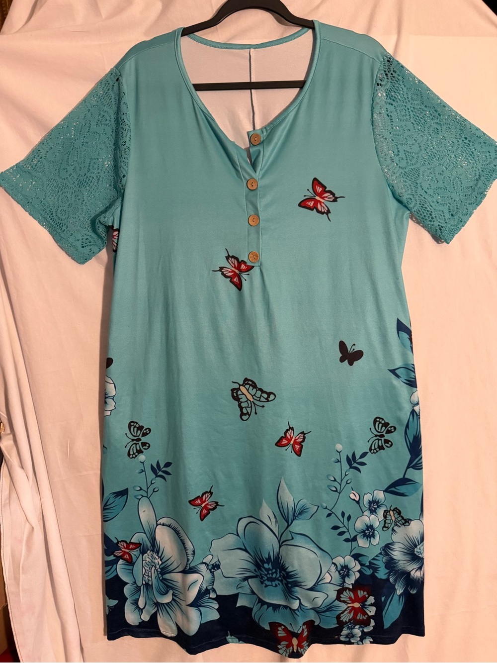 #525 Women’s Teal Butterfly & Floral Lace Sleeve Tunic Moo Moo
